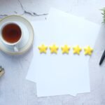 Customer review concept with Rating golden stars on table