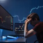Depressed crypto investor of computer with candlestick chart of crypto currency market