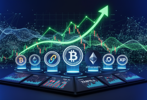 Futuristic 3D illustration of the top 7 cryptocurrency symbols, including Bitcoin and Ethereum, displayed on a high-tech trading dashboard with upward-trending green market charts in the background.