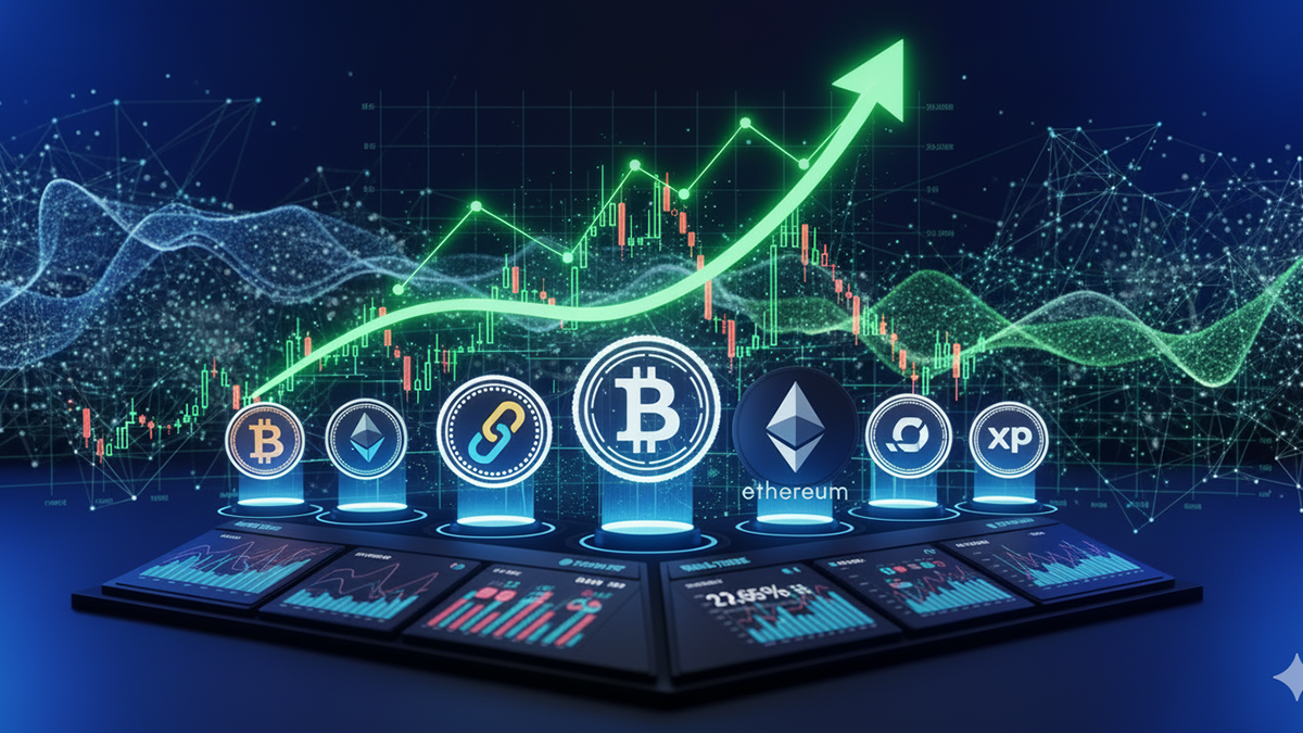 Futuristic 3D illustration of the top 7 cryptocurrency symbols, including Bitcoin and Ethereum, displayed on a high-tech trading dashboard with upward-trending green market charts in the background.